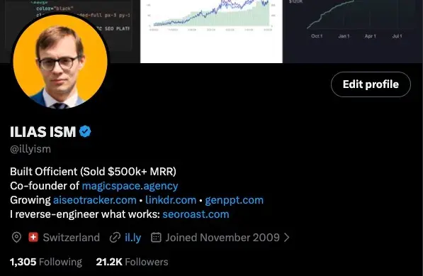 Ilias Ism’s profile on X, with 21.2K followers
